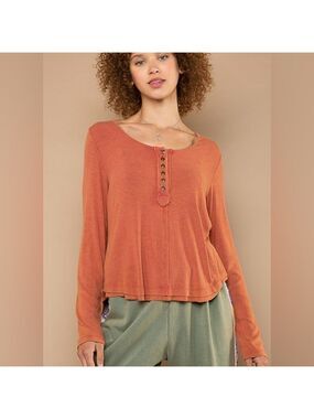 POL Long Sleeve Henley Top Small Orange Ribbed Soft